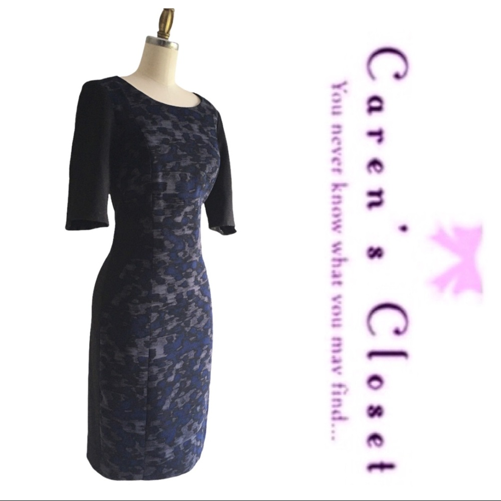 Tahari Black & Blue Modern Print Stretch knit Sheath Dress w/ Black Side Panels
